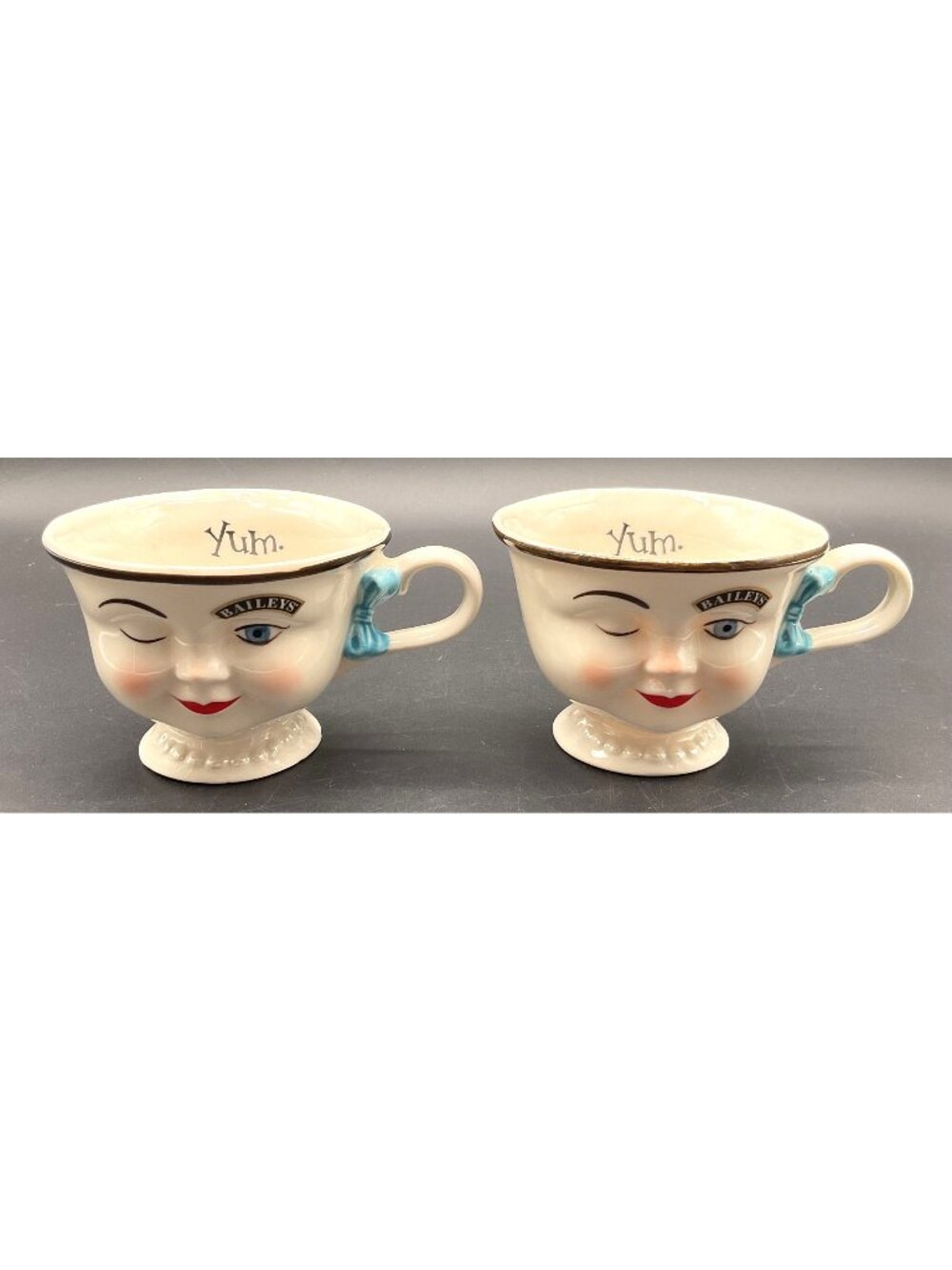 Vtg Baileys Yum Winking Face Creamer Mugs Set Of 2 Porcelain Collectible Cups
